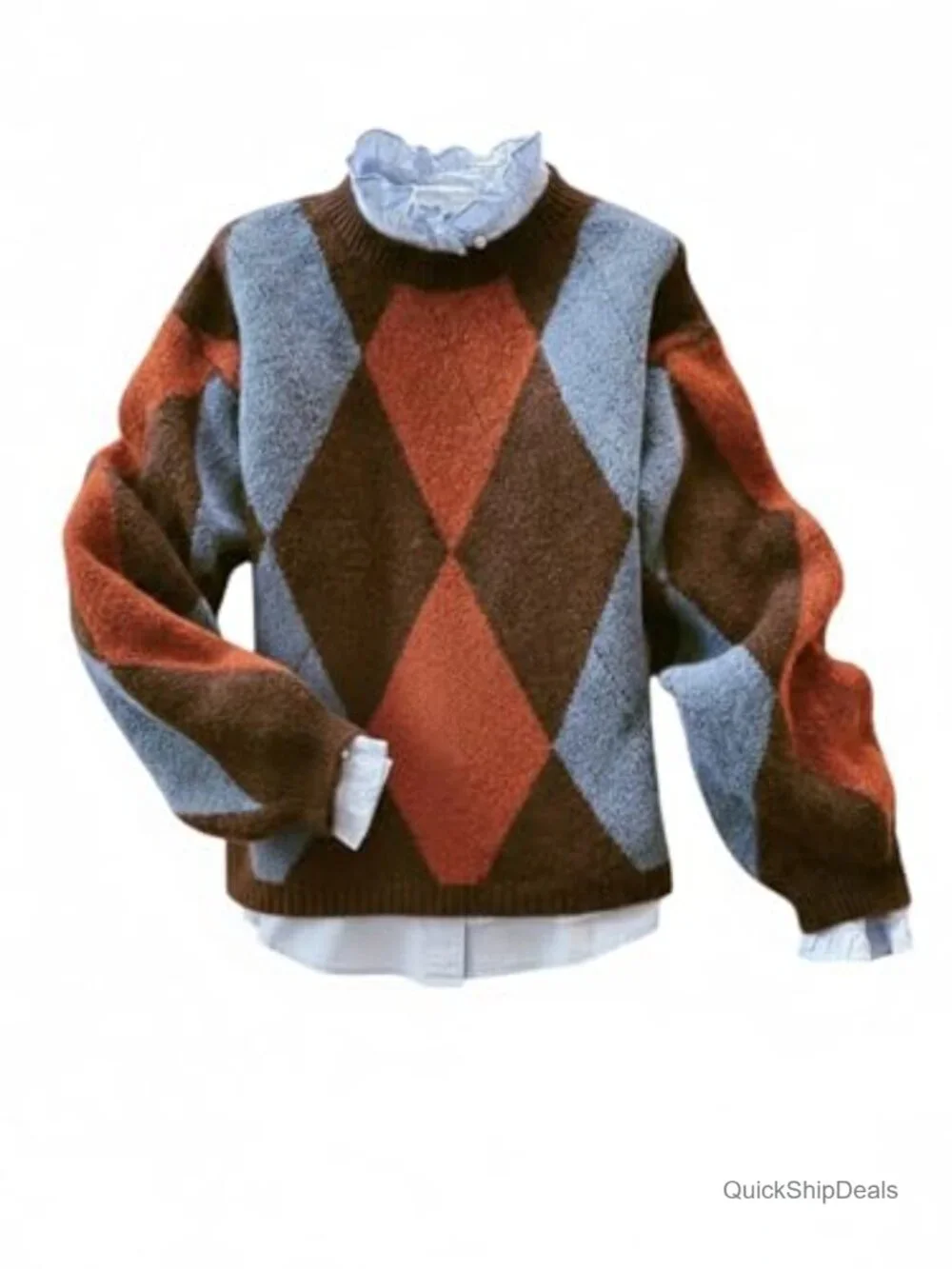 Argyle Plaid Sweater Crew Neck Long Sleeve Knit Vintage Pullover